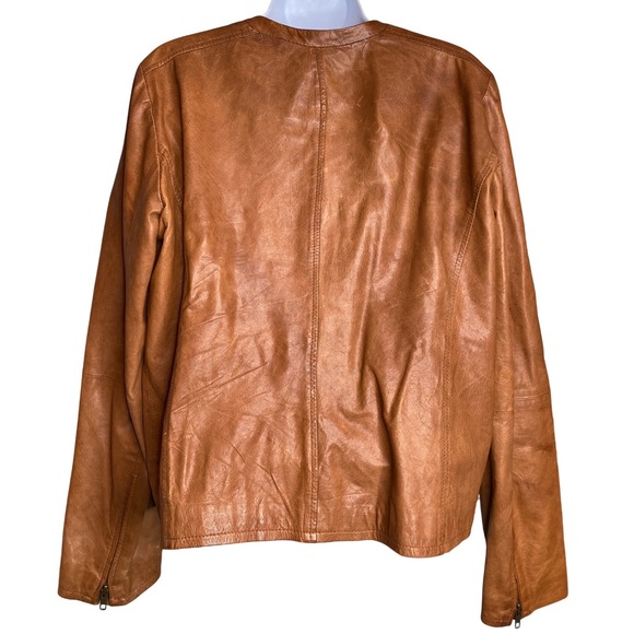 EILEEN FISHER Womens Tan Leather Jacket Sz S Zipper Collarless Timeless‎ Classic - Picture 2 of 12